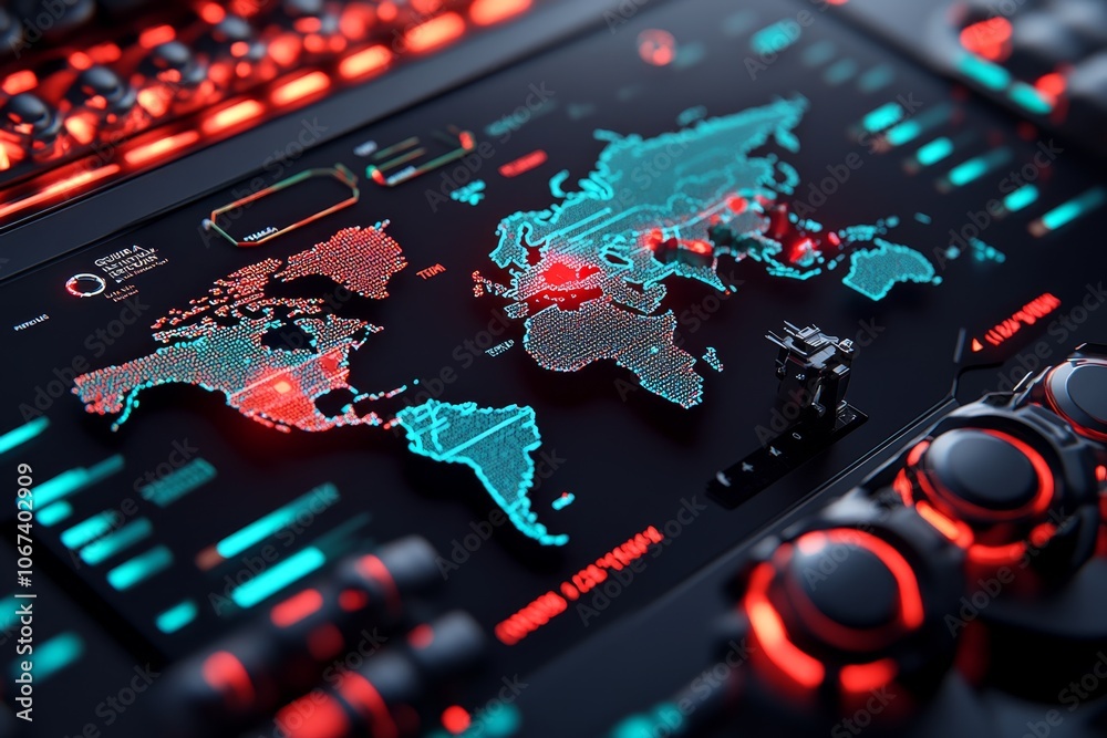 Poster detailed image of a global threat map on a large digital screen, showing accurate data locations and