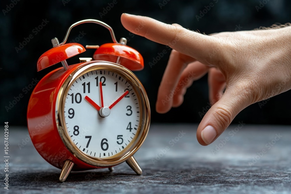 Poster detailed image of a hand reaching to stop a ringing alarm, capturing the real-life urgency of a wake