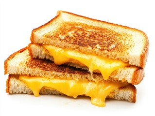 a perfectly cut grilled cheese sandwich, oozing with melted cheese, isolated against a clean white background, emphasizing texture and deliciousness of comfort food