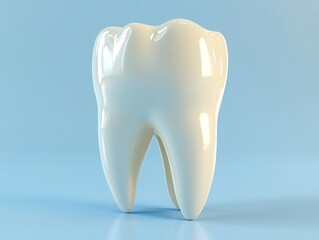 a realistic 3d rendering of a tooth, with sharp details and a glossy finish, set against a soft, light blue background for a clean, professional look