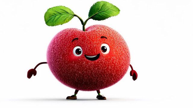 A smiling red cherry with fuzzy skin and green leaves walks towards the camera