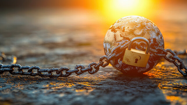 Globe encased in chains and padlocks, symbolizing restricted freedom and global issues. warm sunset adds dramatic touch to this powerful image