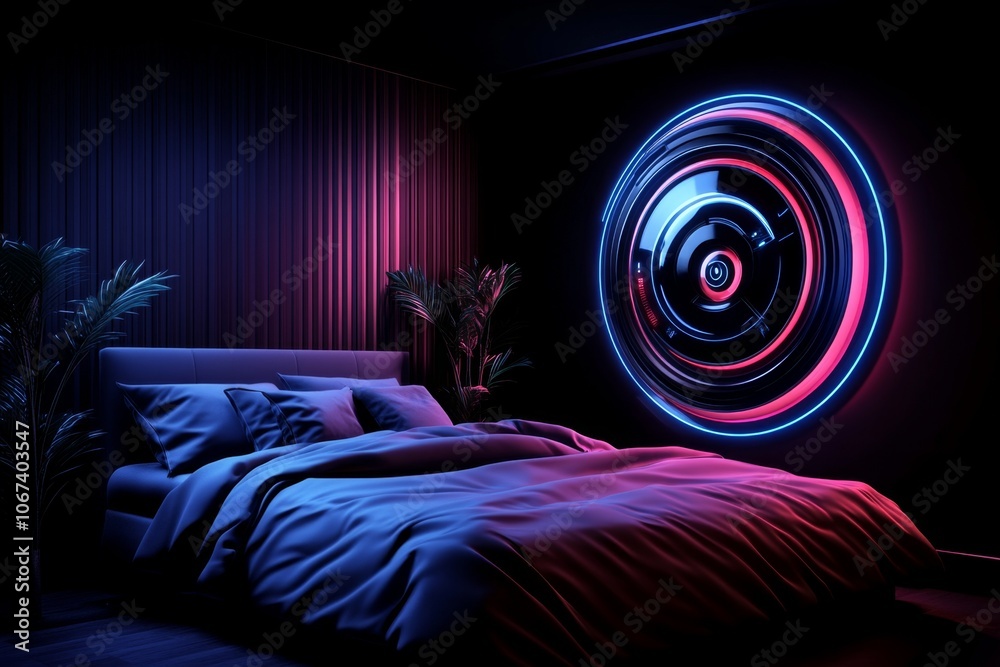 Poster Digital hologram showing a futuristic alarm system in a cyberpunk room, representing a technologically advanced wake-up call