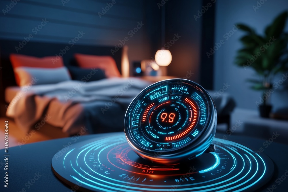 Poster Digital hologram showing a futuristic alarm system in a cyberpunk room, representing a technologically advanced wake-up call