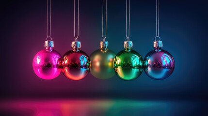 Bright neon Christmas baubles hanging in abstract shapes, with glowing reflections in pink, green, and blue on a dark backdrop.