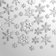 Elegant white winter vector background featuring scattered 3D paper-cut style snowflakes, ideal for clean Christmas and New Year seasonal designs.