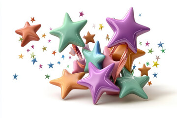 Colorful 3D stars in various sizes and vibrant hues are scattered playfully, creating lively and fun atmosphere against white background
