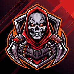 A striking esports logo featuring a menacing skeleton in a hooded cloak against a dynamic red background