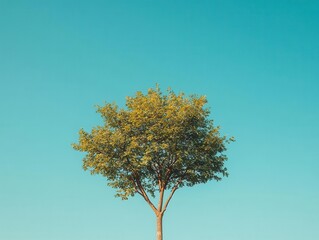a solitary green tree standing tall against a clear blue sky, showcasing its vibrant leaves and sturdy trunk, symbolizing life and nature's resilience in a serene landscape