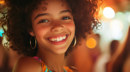 Fototapeta premium Joyful young dancer smiling at a colorful party - perfect for posters and cards