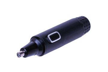 Hair trimmer. Battery powered nose hair trimmer isolated on a white background. Macro.