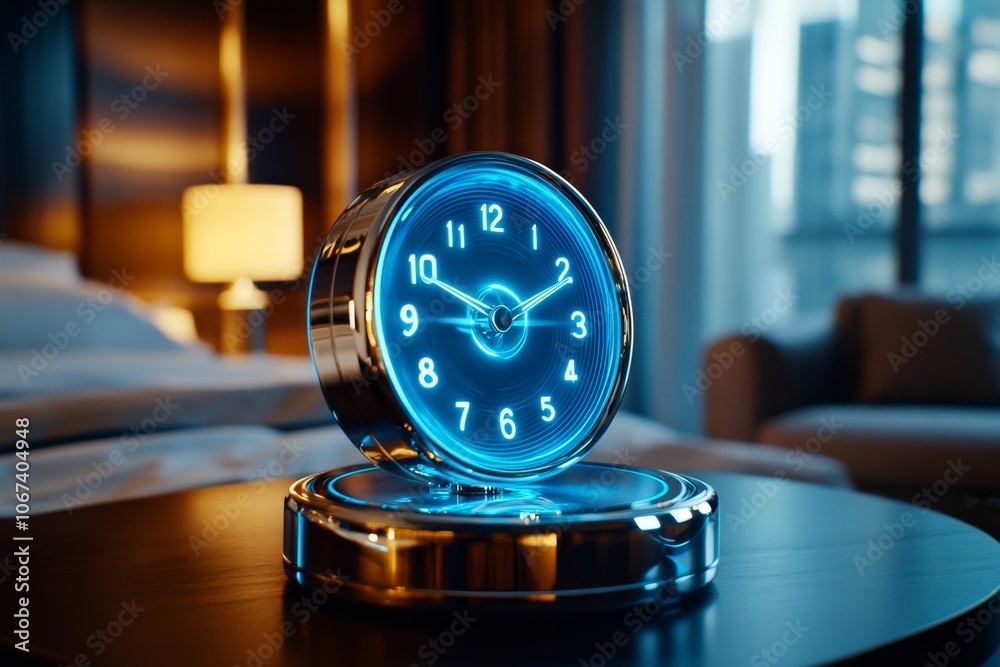 Poster Futuristic holographic alarm clock display projecting a wake-up call time into the air in a modern bedroom