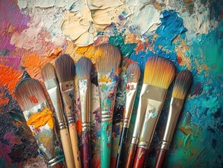 Fototapeta premium a vibrant arrangement of various paintbrushes resting on a colorful artist's palette, capturing the essence of creativity and preparation for a painting session