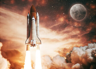Rocket launch with view of the Moon in the night sky  generative ai