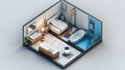 Fototapeta premium A modern bathroom design featuring a shower, bathtub, and stylish furnishings.