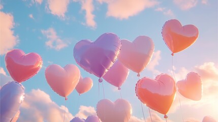 Vibrant heart balloons in pastel colors float against a soft, cloudy sky with gentle sunlight.