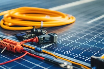 Solar panel with connectors and cables in sunlight