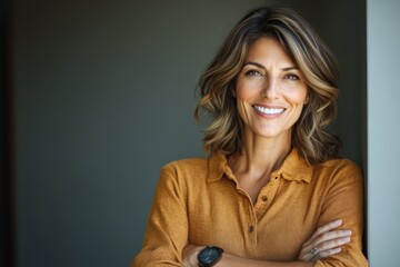 Fototapeta premium A smiling woman in a casual shirt, leaning against a wall with a relaxed expression.