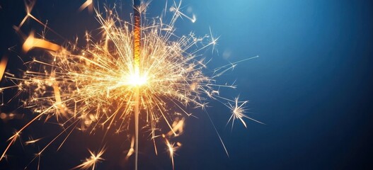 New Year's Eve party fireworks banner with copy space, dark blue background, sparks, and sparklers Generative AI