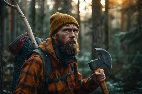 A man in a forest wearing a brown beanie and plaid shirt holds an axe, preparing for an outdoor adventure at sunset in the wilderness