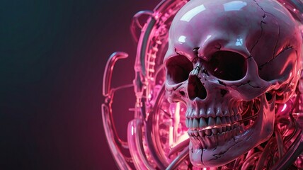 Pink glossy skull emerging from futuristic glowing cyberpunk structure