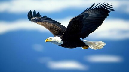 Obraz premium Bald eagle soaring in vast blue sky with white clouds.
