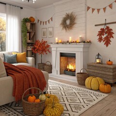 A modern living room decorated for Thanksgiving with pumpkins