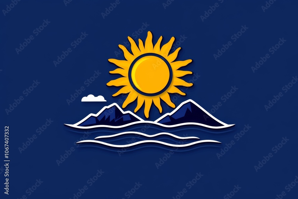Poster minimalist icon of a sun rising over a horizon, symbolizing the start of a new day as a wake-up call