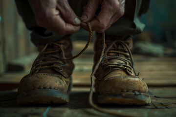 A person tying shoelaces on brown hiking boots while sitting on a wooden floor in a rustic interior during early morning light