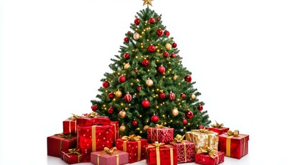 Festive Christmas tree adorned with lights, surrounded by colorful wrapped gifts.