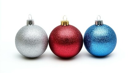Obraz premium Red, green, gold Christmas balls on white background, festive holiday decor.