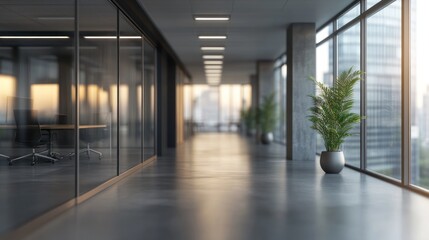 Fototapeta premium Modern Office Corridor with Glass Walls and Natural Light
