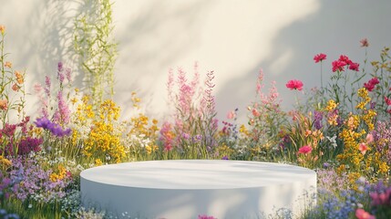 Summer Nature Scene with White Podium. AI generated illustration