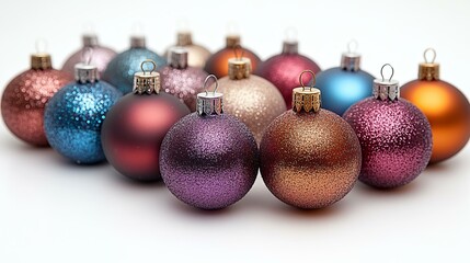 Festive red, gold ornaments sparkling on snowy surface, perfect for Christmas decor.