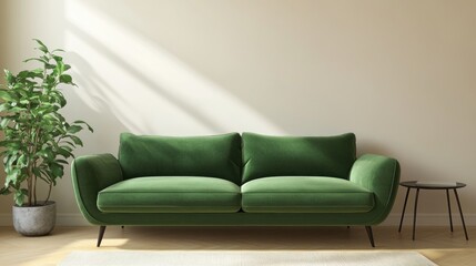 A cozy green sofa in a minimalist room with a plant and side table.