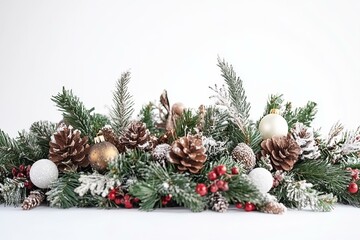 Festive Christmas garland adorned with pine cones, green needles, red berries.