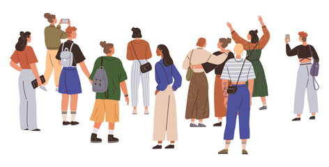 Fototapeta premium Diverse group of people taking photos and celebrating outdoors in casual attire. Ideal for lifestyle, community, diversity, social interactions, outdoor activities. Modern flat vector art style