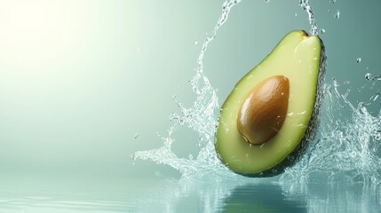 Fresh avocado in water, skincare ad promoting hydration and natural ingredients.