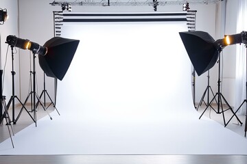 Studio setup with three spotlights on white backdrop, minimalist photography scene.