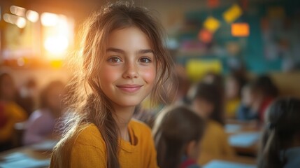 Naklejka premium teacher passionately engaging with students in a vibrant classroom filled with educational materials and colorful decorations under warm inviting lighting that encourages learning