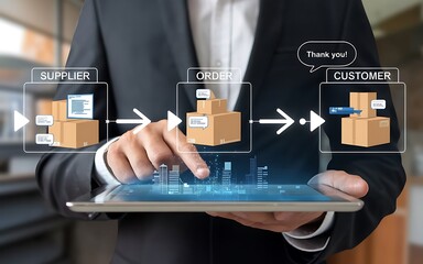 Businessman Managing Supply Chain Process: A businessman uses a tablet to oversee the flow of goods from supplier to customer in a clear and modern infographic.