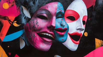 Bold hand-painted poster featuring theatrical masks for avant-garde theater promotion.
