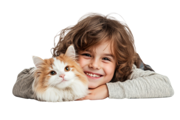 Sweet little kid holding cute kitty, beaming with a joyful smile and pure happiness isolated on transparent png background.