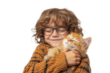 Happy kid wrapped in cozy hug with their beloved cat, smiling brightly and full of love isolated on transparent png background.