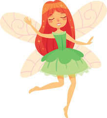 Red haired fairy with closed eyes wearing a green dress and flying gracefully with her delicate wings, creating a whimsical and enchanting scene
