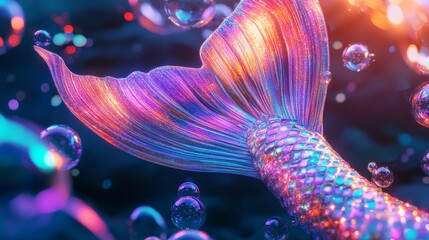 Obraz premium Close-up of mermaid tail with shimmering scales in soft ambient light, surrounded by bubbles, in light box