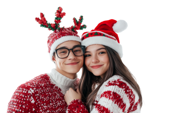 Portrait of cheerful couple in matching Christmas sweaters and hats, ready for Christmas holiday celebrations together isolated on transparent png background. - Powered by Adobe