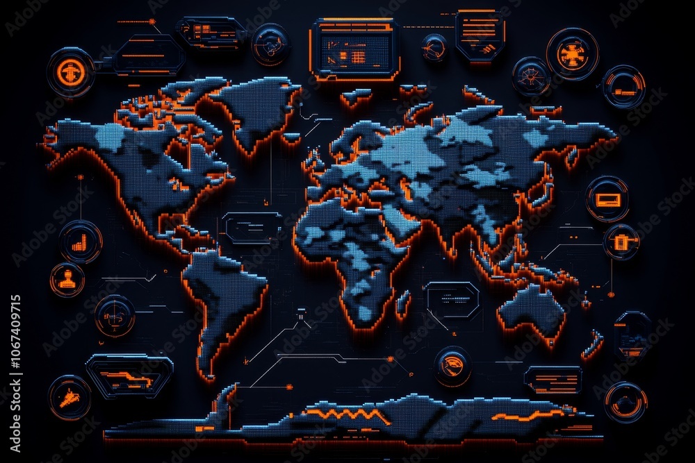 Poster pixel art of a cyber intelligence center with pixelated world map and threat icons, evoking retro te