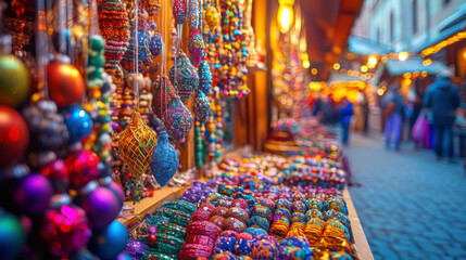 Fototapeta premium Colorful handcrafted ornaments at festive market stall for holiday decor inspiration