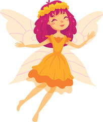 Naklejka premium Happy fairy with pink hair flies gracefully in an orange gown and yellow flower crown, embodying childhood magic in a colorful garden. Perfect for cards, invites, or kids decor